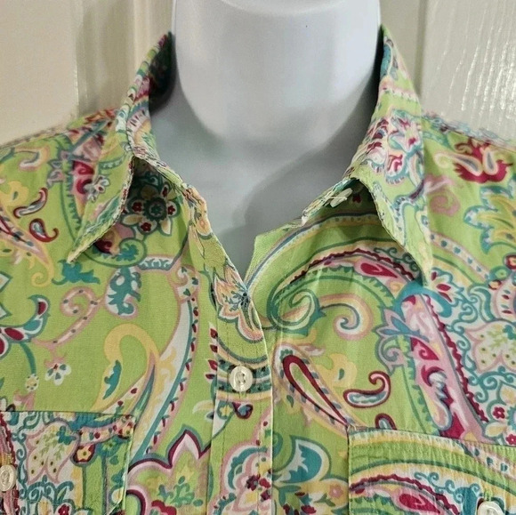 Chaps Medium Green Pink Paisley Cotton Button Down Shirt Boho Retro Y2K Preppy - Picture 3 of 11